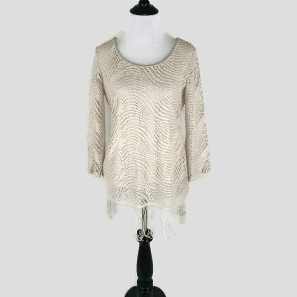 Melissa Paige Women's XS Crochet Top Beige Layered Fringe